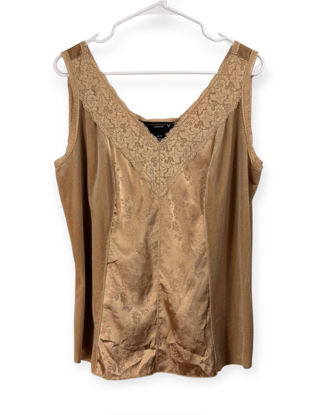 Vintage 90s Y2K Venezia Size 14/16 XL Tan Jacquard Lace Trim Velvet Tank Top